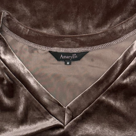 Amaryllis soft & shimmery stretch velvet v-neck loose tee with hi-lo hem. Size M - Picture 5 of 9